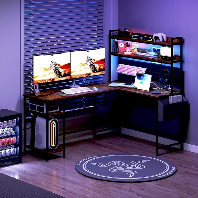 WiberWi L Shaped Desk Office Computer Corner Desk 67” Home Gaming Table with Power Outlet &amp LED Light Writing Study Workstation with Shelves &amp Pegboard Organizer for Home OfficeRustic Brow