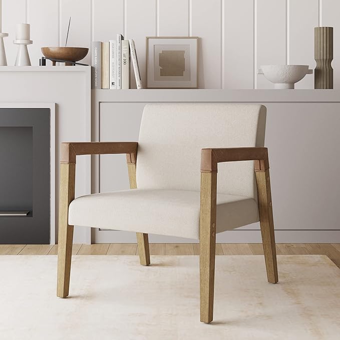 Nathan James Hudson Accent Living Room Chair Comfy Reading Bedroom Chair Mid-Century Wood Armchair Upholstered Fabric and Leather Armrest