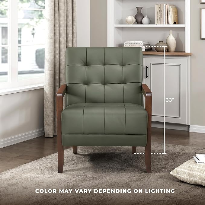 Lexicon Modern Accent Chair Luxury Genuine Leather Match Living Room Chair with Tufted Cushions Solid Wood Frame and Arm Rest Comfy Upholstered Single Seat for Bedroom/Reading/Office Green