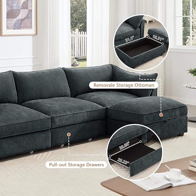 Modular Sectional Sofa with Pull Out Storage Drawers 78.7 Comfy Chenille 2-Seat Sofa with 2 Storage Ottomans Upholstered Deep Loveseat Couch with 2 Armrest Pillows for Living Room Grey
