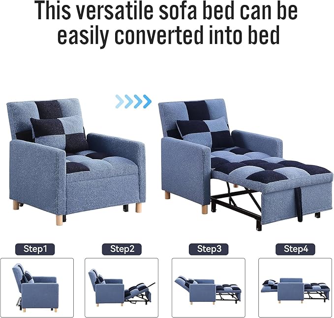 Convertible Sleeper Sofa Chair Bed3-in-1 Sleeper Chair Bed with PillowPull Out Single Armchair Sofa Bed with Adjustable Backrest Multi-Functiona Lounge Chair for Living Room (Blue)
