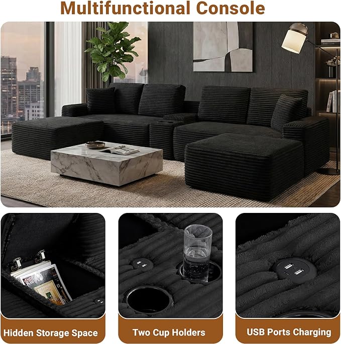 150 Oversized U-Shaped Sectional Sofa Deep Seat Boneless Cloud Corduroy Couch with Cup Holders USB Ports Wireless Charging &amp Storage Box Upholstered Modular Sleeper Sofa for Living Room Blac