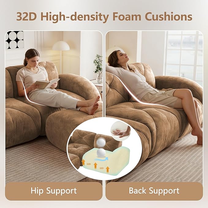 Boneless Couch Sectional Couches for Living Room 110.6'' Cloud Couch with Deep Seat Comfy Soft Velvet Modular Sectional Sofa Modern Oversized 3-Seater Boneless Sofa No Assembly Camel