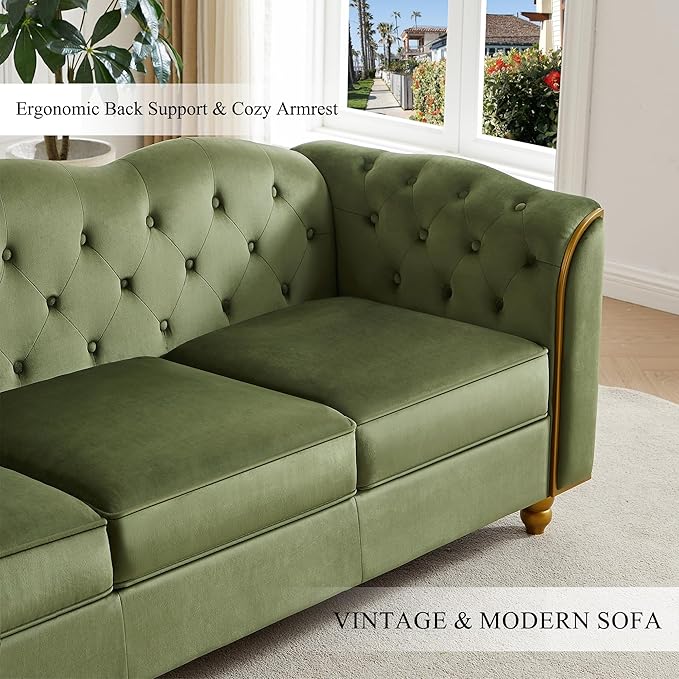 HITHOS 78 Velvet Sofa Couch Soft 3 Seater Sofa Couche for Living Room Button Tufted Comfy Couch Modern Sofa with Upholstered Cushion Gold Trim Solid Wood Legs for Dorm Bedroom Apartment Green