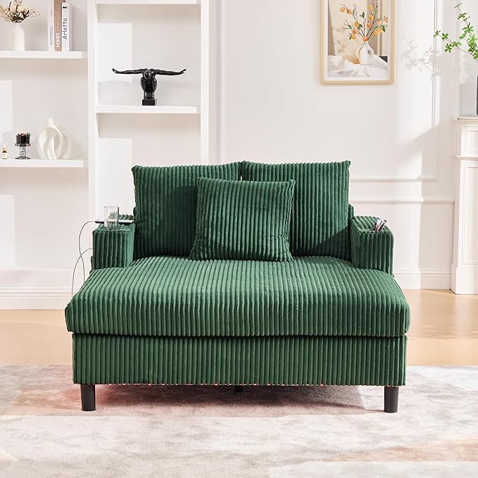 SLEERWAY Modern Corduroy Chaise Lounge Sofa Indoor - 55.9 Comfy Oversized Couch Bed with USB Ports Cup Holder Side Pocket Lights 3 Throw Pillows Lazy Recliner Chairs Living Room (Emerald Green)