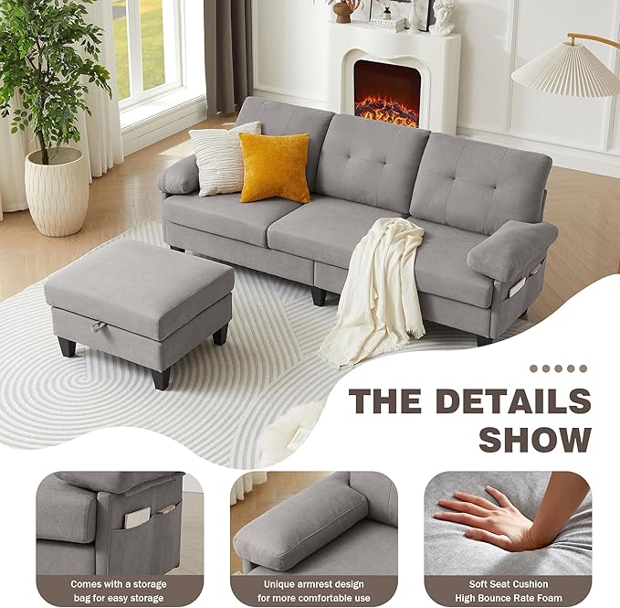 84 Convertible Sectional Sofa Modern Linen Fabric Small L Shaped Couch with Reversible Chaise 3-Seat Sofa Couches for Living Room Apartment and Small SpaceLight Grey