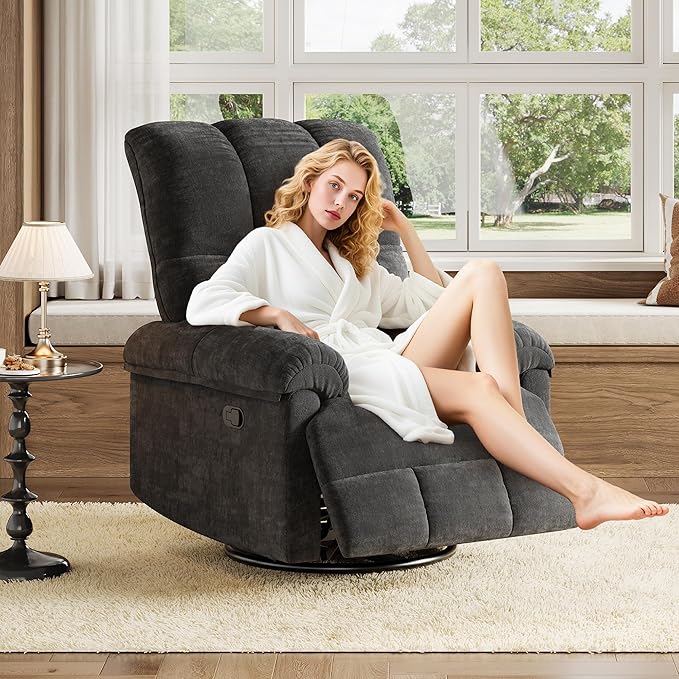 GarveeHome Recliner Chair 360° Swivel Rocker Glider Nursery Chair with Padded Armrest and Deep Seat Chenille Upholstered Reclining Sofa Chair for Living Room Bedroom and Nursery (Black)