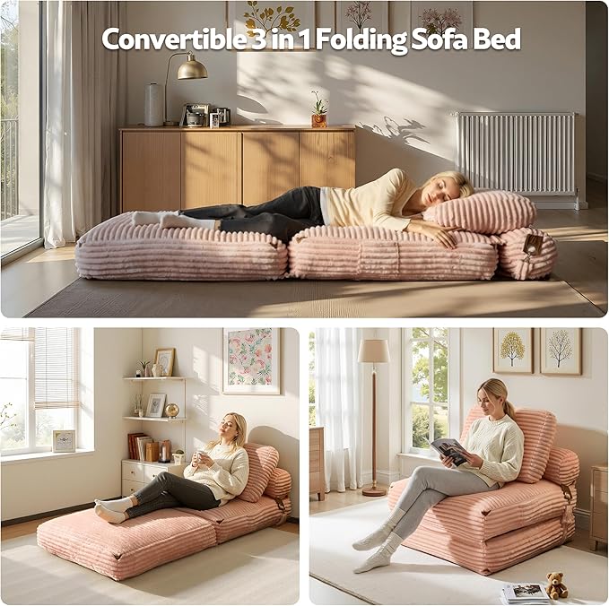 Folding Sofa Bed Convertible Sleeper Chair with Pillow Back Support Plush Corduroy No Assembly Memory Foam Chair Beds for Small Space Apartments Guest Bedroom (Pink Single)