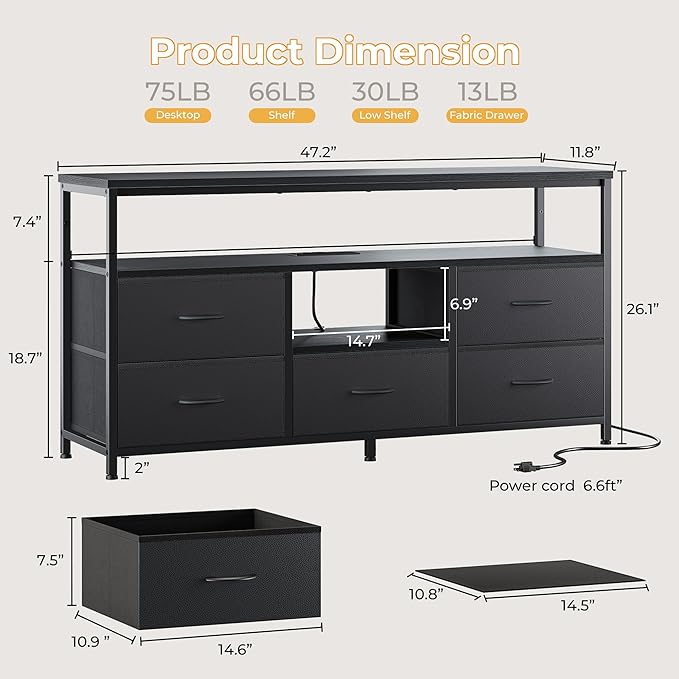 TV Stand for 55 Inch TV Entertainment Center with LED Lights &amp Power Outlets 5 Drawers Dresser for Bedroom with Open Storage Shelves Console Table for Living Room Bedroom Hallway