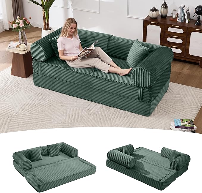 Tbfit 79'' Convertible Sofa Bed Oversized Corduroy Folding Boneless Couch Futon Mattress Sleeper Sofa Comfy Foldable Upholstered Floor Couches for Living Room Dark Green