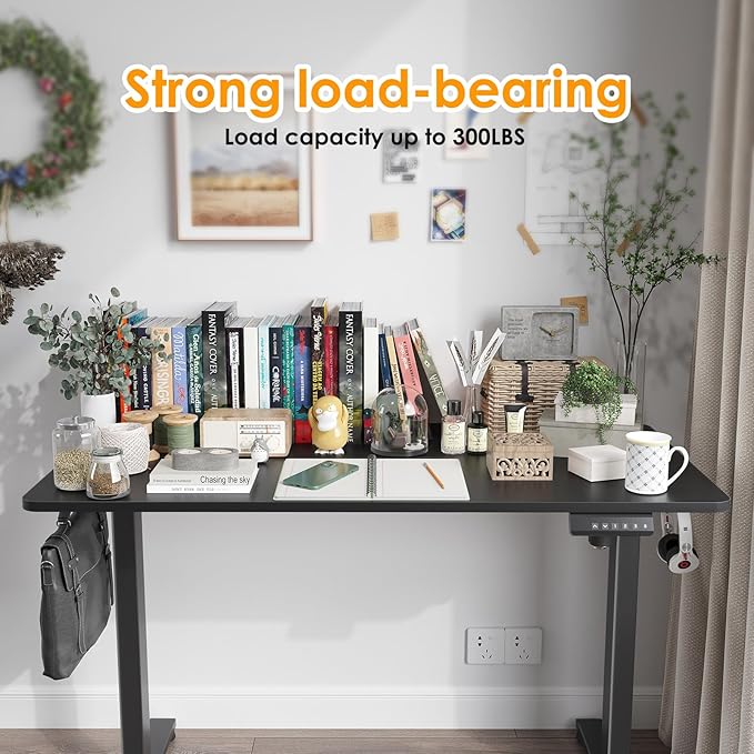 48x24 Inches Electric Standing Desk Adjustable Height Wooden Sit Stand Desk Electric Capacity 300lbs Sit to Stand up Standing Computer Desk with Hooks for Home Office (Black 48x24 Inches)