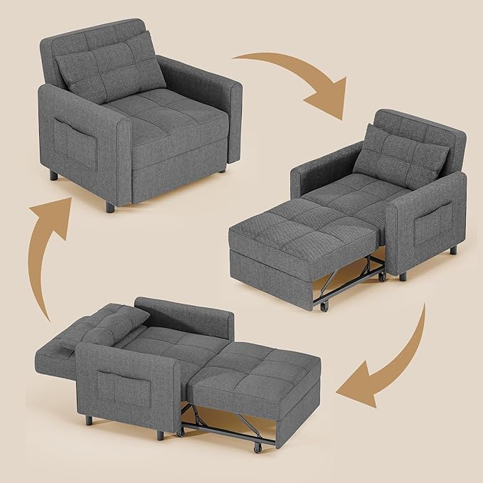 Gizoon Sofa Bed Chair 3 in 1 Convertible Pullout Single Sleeper Chair Bed with Adjustable Backrest Spacious Multifunctional Sofa Couches for Living Room Bedroom Apartment