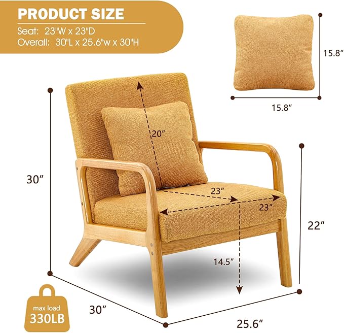 ELUCHANG Mid-Century Modern Accent Chair Upholstered Premium Linen Fabric Armchair with Wooden Frame LegsComfy Living Room Chairs Lounge Chair for Bedroom (Yellow 2 PCS)