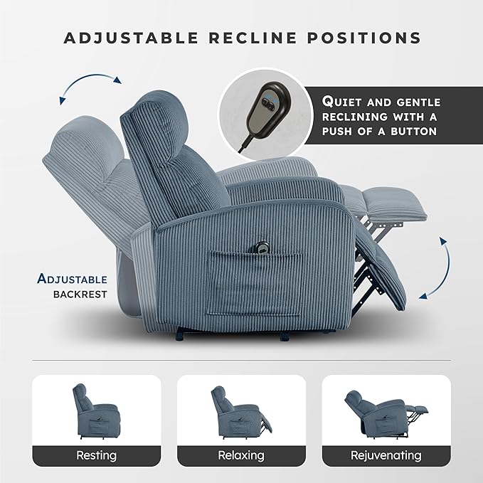 Lexicon Power Lift Recliner Chair for Elderly with Remote Control Gentle Lift Motion Side Pocket Armrest Corduroy Upholstered Electric Recliner for Living Room/Bedroom Easy Assembly Midnight Blue