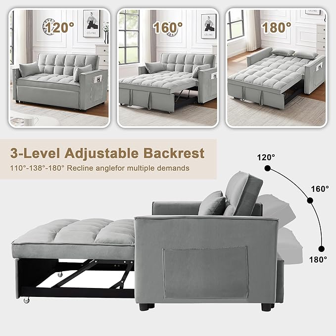 55'' 3-in-1 Sleeper Loveseat 2-Seater Pull Out Couch Velvet Futon Sofa Adjustable Backrest Reclining Sofa Bed with Pillows Pockets Perfect for Small Spaces Living Room Furniture Grey