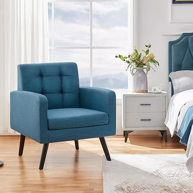Yaheetech Mid-Century Accent Chairs Modern Upholstered Living Room Chair Cozy Armchair Button Tufted Back and Wood Legs for Bedroom/Office/Cafe Navy Blue