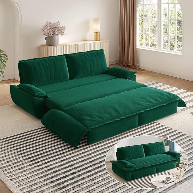 73.2 Queen Size Sofa Bed 3 in 1 Convertible Pull Out Sleeper Sofa with Thicked Cushions and Side Storage Velvet Loveseat Couch for Home Living Room Bedroom Apartment Lounge Small Spaces Green