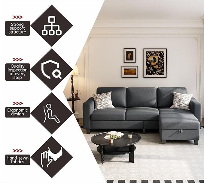 Youmumeub Sectional Couches for Living Room - Convertible Sofa and Storage Bench79''Modern Corner ConfigurationSuitable for Living Room Apartment Bedroom and Office-Dark Gray | Washable Covers Re