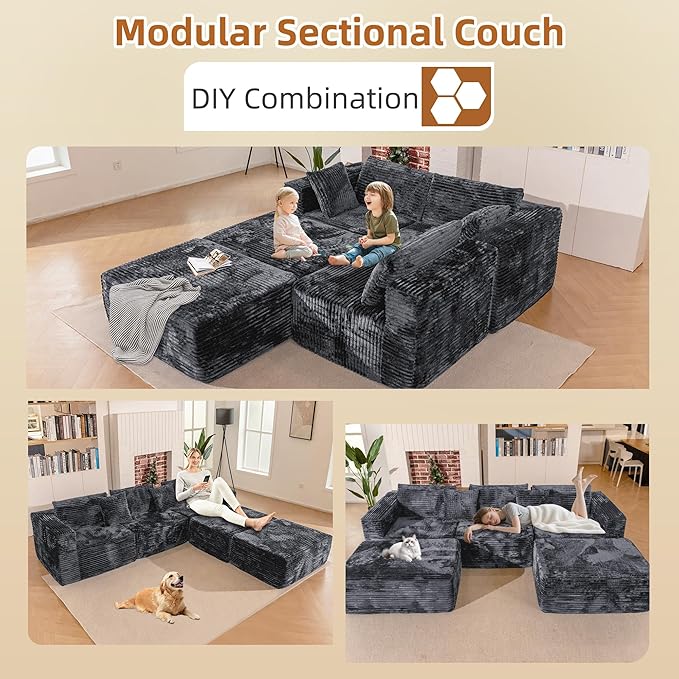 110 Modular Sectional Boneless Sofa with 2 Ottomans Corduroy U-Shaped Modular Sectional Sofa Convertible Cloud Couch with Deep Seats No Assembly Required (Grey 110 3Seat+2 0ttoman)