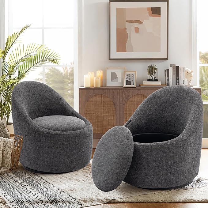COLAMY Swivel Accent Chair Set of 2 360° Swivel Round Chair with Hidden Storage Modern Small Barrel Armchair for Living Room/Bedroom Darkgrey Textile Material