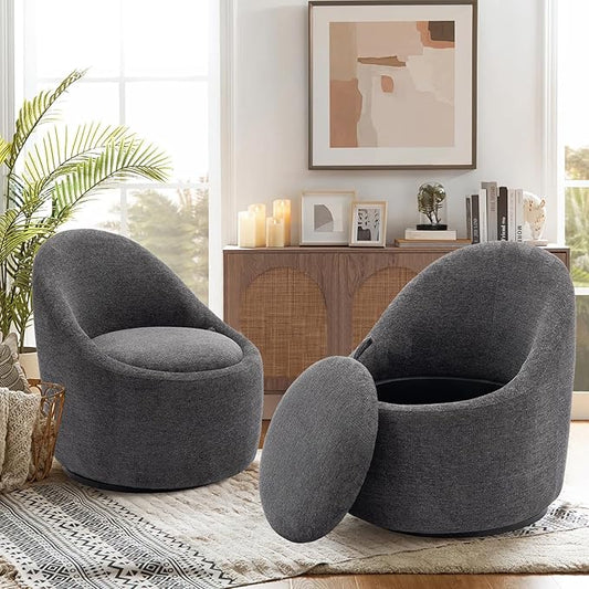 COLAMY Swivel Accent Chair Set of 2 360° Swivel Round Chair with Hidden Storage Modern Small Barrel Armchair for Living Room/Bedroom Darkgrey Textile Material