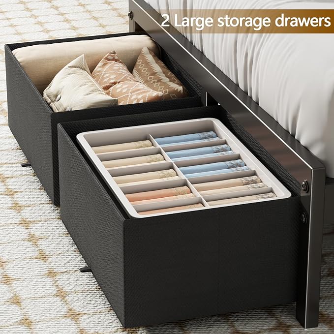 Furnulem Twin Bed Frame with 2 Storage Drawers &amp Charging Station Twin Platform Bed Frame with Headboard &amp LED Lights No Box Spring Needed All in One Easy to Install Noise Free (800 lbs C