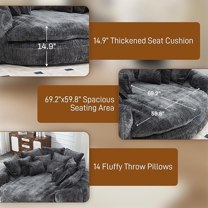 81 Round Sofa Bed Big Bean Bag Round Chaise Lounge Oversized Round Couch Boneless Reading Chair Plush Fluffy Chenille Large Chaise Chair for Living Room Bedroom Apartment Dark Gray