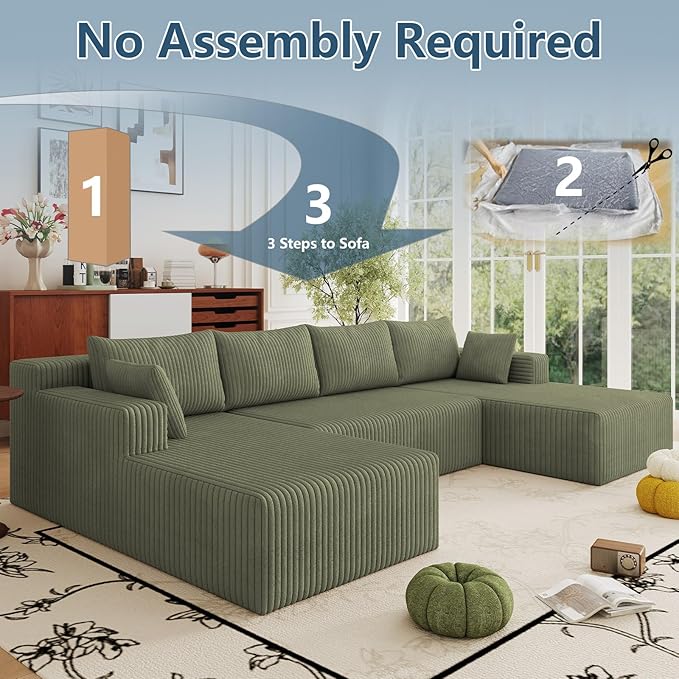 124 Corduroy U-Shaped Sectional Sofa Modern Modular Boneless 4-Seater Couch with 6 Pillows Upholstered Deep Seat DIY Cloud Sofa for Living Room No Assembly Required (Green)