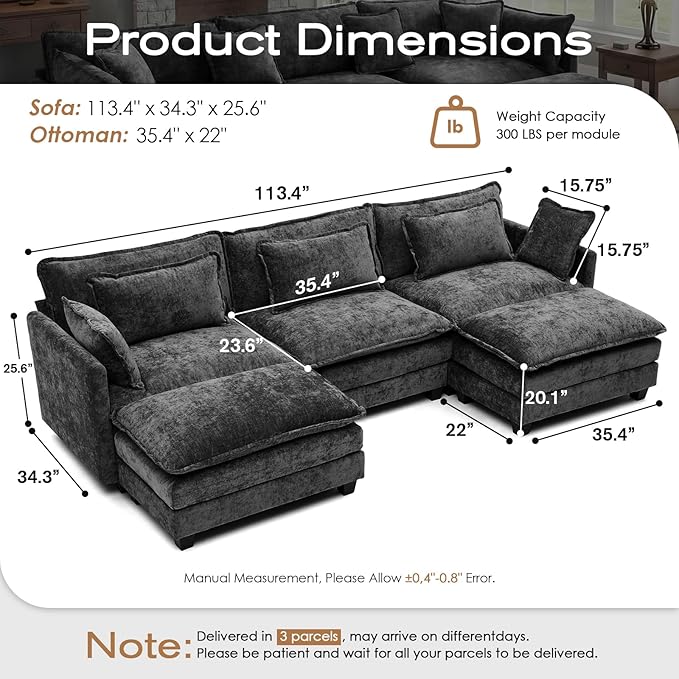 113.4 L-Shaped Modular Sectional Sofa with Ottoman Comfy Cloud Couch with Deep Seat (23.6 D) Solid Wood FrameBeige/Gray/Blue/Black for Living Room Small Apartment (Black 3 Seat)