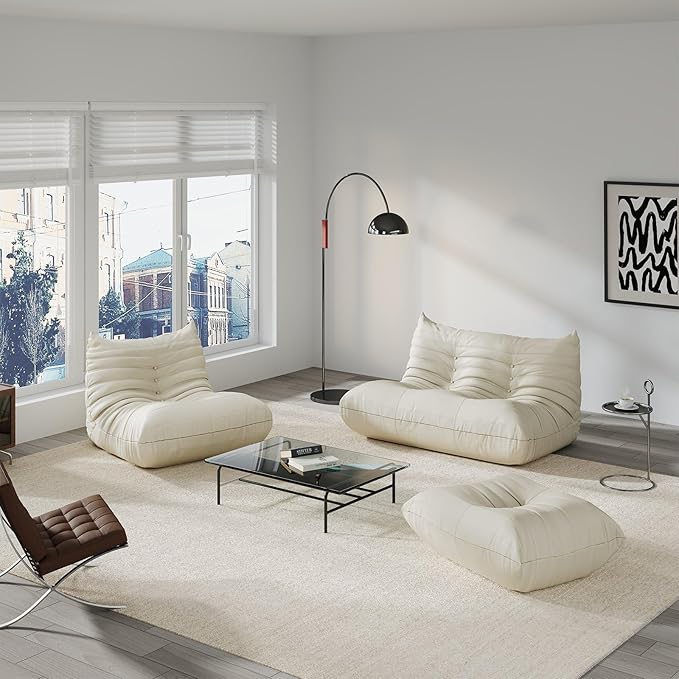 Comfy Lazy Floor Sofa CouchSoft Armless ChairFaux Leather Lounge ChairCorner Relax Sofa Couch for Living Room BedroomSalon OfficeAdults(Cream White)
