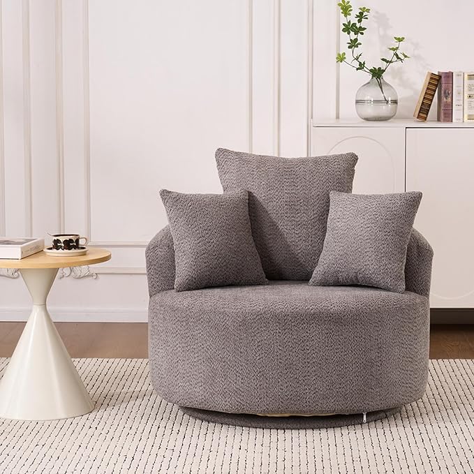 40” Grey Round Swivel Chair with 3 Pillows &amp Thick Cushion Oversized 360° Swivel Accent Chair Modern Boucle Armchair for Nursery Living Room Bedroom Club