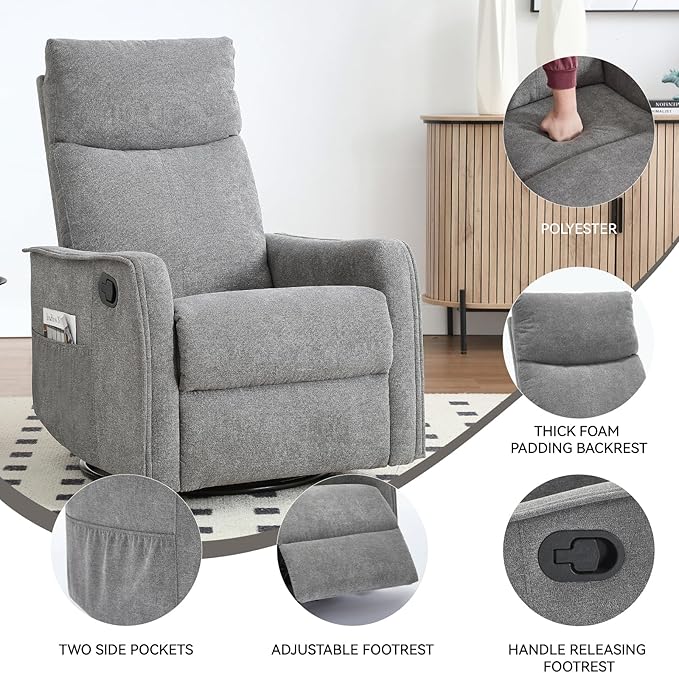 Power Lift Recliner Chair for ElderlyHeat Massage Manual Recliners Chair with RockerChair Recliners for Small SpacesPortable Chair Recliners for Living Room for AdultsEasy AssemblyGrey