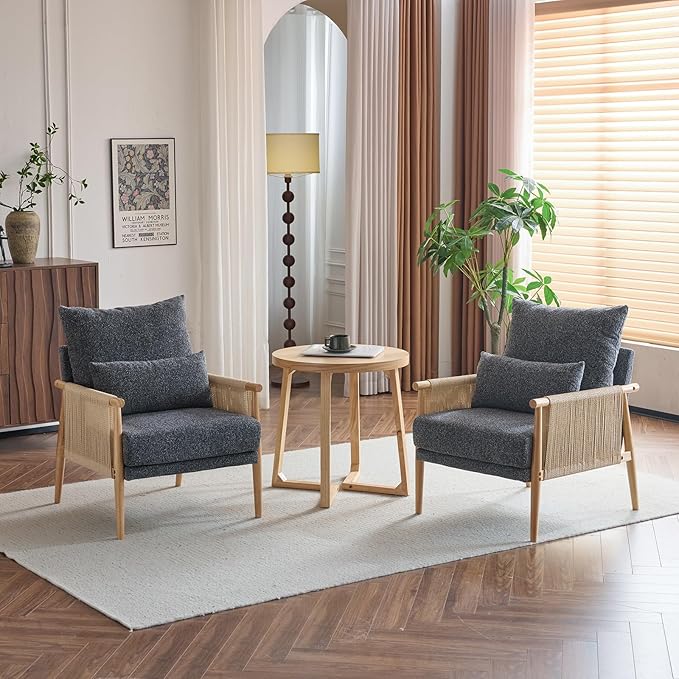 Karl home Cozy Chenille Accent Chair with Lumbar Pillow &amp Rattan Arms Modern Lounge Chair for Living Room Bedroom Reading Nook Dark Gray