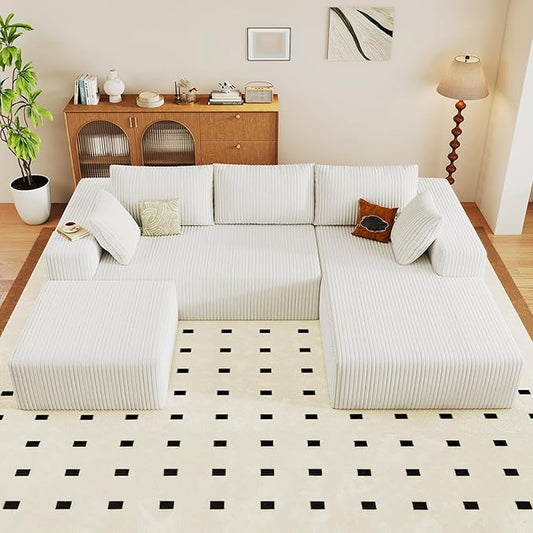 96 Cloud Sectional Couch with U-Shaped Chaise Corduroy Sectional Sofa with Ottoman Boneless Couch with Deep Seat in a Box for Living Room No Assembly Required (White Right Facing Chaise)