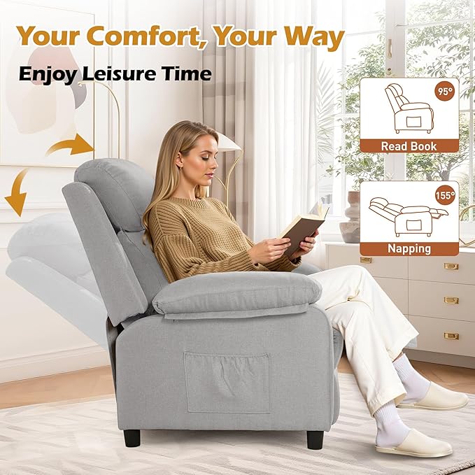 Recliner Chair Living Room Chairs for Adults Padded Deep Seat Reading Chair with Side Pockets Small Recliners for Small Spaces Lounge Chair for Living Room Bedroom and RV (Linen)
