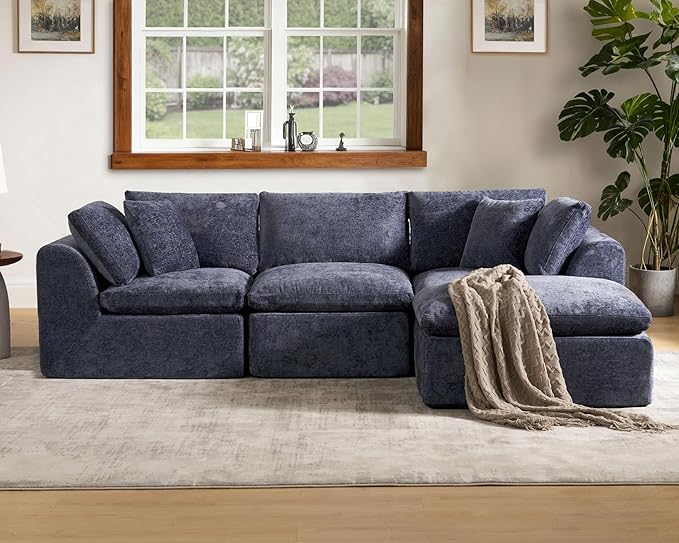 SITJOY 110 Boneless Sectional Couch Modular Cloud Couch with Washable Covers Soft Deep Seat Comfy Sofa with Chaise 3 Seater L Shaped Sofa with Ottoman‌ Chenille in Navy Blue