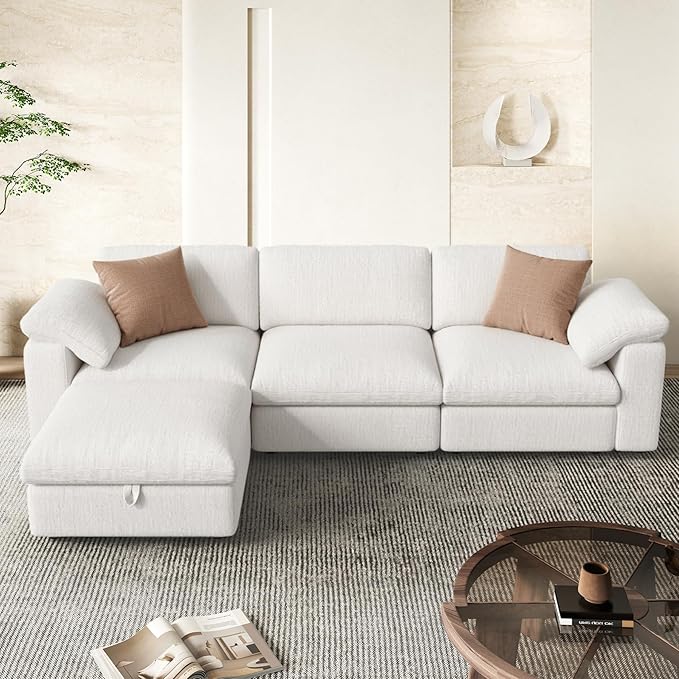 118 Oversized Modular Sectional Sofa L Shaped 3 Seaters with Storage Ottoman Cloud Couch Sofa Set Modern Convertible Chenille Deep Seat Sectional Couches for Living Room White 1 PCS