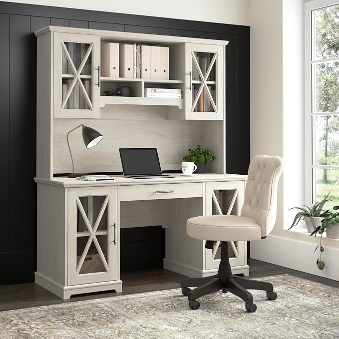 Bush Furniture Lennox 60W Farmhouse Desk with Hutch and Keyboard Tray in Linen White Oak | Computer Table for Home Office