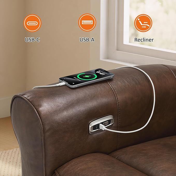 MCombo Power Wall Hugger Recliner Chair for Small Space RV Living Room USB &amp USB-C Charging Ports Modern Rolled Arm Recliner Faux Leather PR630 (Dark Brown Medium)