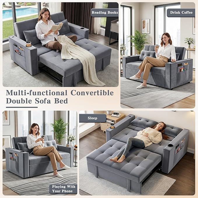 3-In-1 Convertible Sofa Bed with Adjustable Backrest Velvet Loveseat Sleeper Sofa with Put Out Bed Pull Out Couch with USB PortsCup HoldersSide Pockets2 Pillows for Living Room/Bedroom/Dorm Grey