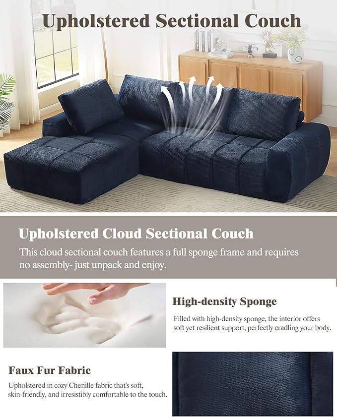 112 Boneless Cloud Modular Sectional Couch for Living Room Left Chaise L Shaped Sofa with Chaise | Faux Fur Fabric | Compressed Foam Sofa for Living Room | No Assembly (Dark Blue-Faux Fur Fabric)