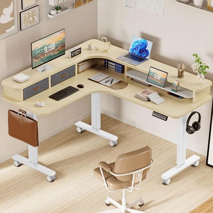 Flycity Electric L Shaped Standing Desk with Drawers 63 x 55 Corner Standing Desk Adjustable Height Stand Up Home Office Desk Dual Motor Sit Stand Desk with 3 Memory Preset &amp Lock Maple