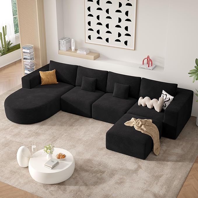 134 Boneless Couches for Living RoomLarge U-Shaped Modular Sectional Sofa with Convertible OttomanModern Cozy Cloud Couch in a BoxSponge Compression Deep Seat Sofas with ChaiseBlack1pcs