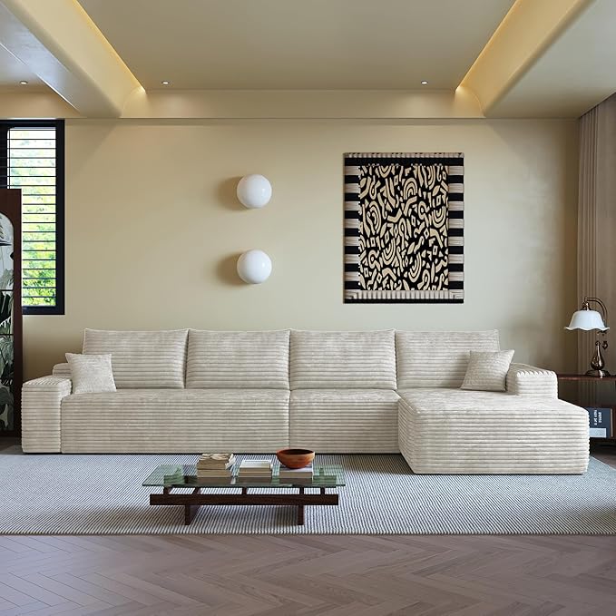 135.4 Boneless Couches for Living Room Modular Sectional Sofa with Oversized Chaise L-Shape Cloud Couch with Deep Seat High-Density Memory Foam No Assembly Required (White Right Facing Chaise)