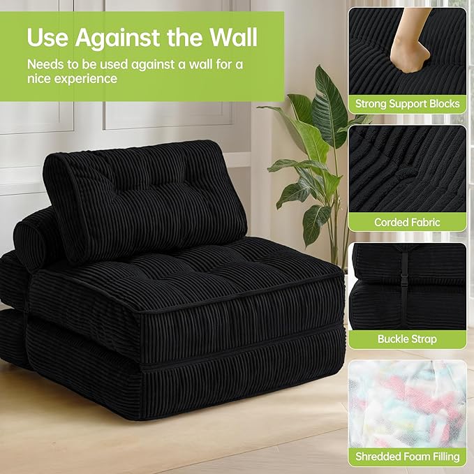 Folding Sofa Bed Convertible Sleeper Sofa Bed with Pillow Foldable Mattress with Back Support Comfy Chair Lounge for Living Room Bedroom Portable Fold Out Single Black