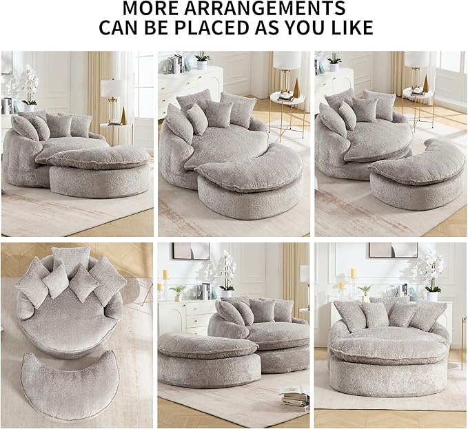 Round Oversized Lounge Chair with Ottoman - Cloud Comfy Boneless Sofa Chair for Living Room Relaxation (Light Grey Chair and Ottoman)