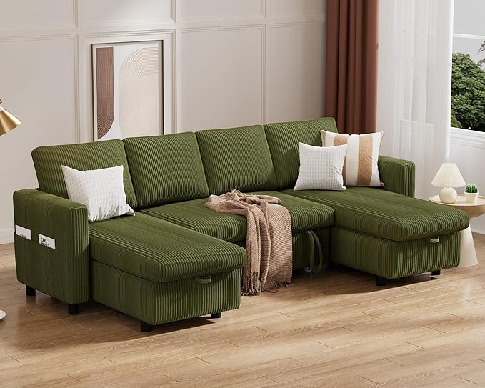 Vipbear 104 Sectional Sleeper Sofa Bed with Pull Out Bed U Shaped Couch Pull Out Couch with Reclining Backrest Reversible Storage Chaise USB Ports Tool-Free Assembly Corduroy Green