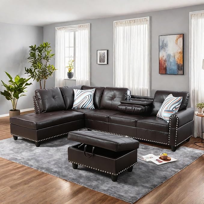 L Shaped Sectional Sofa with Ottoman Leather Modern Couches Nail-Head Design with Cup Holder for Living RoomOffice Bedroom Brown