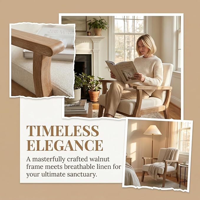 VESCASA 23.2 W Accent Chair with Arms Comfy Farmhouse Side Chair with Upholstered Seat Mid Century Modern Reading Chair with White Wash Wood Legs for Living Room/Bedroom White Linen