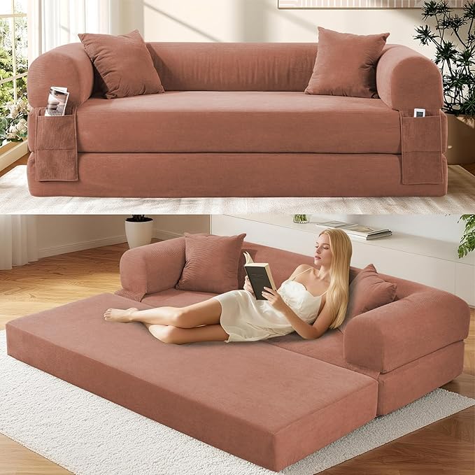 Convertible Futon Sofa Bed80 Folding Pull Out Couch Bed with StorageQueen Sleeper Sofa BedCompressed Couch in a BoxCorduroy Boneless Couches for Living RoomPink